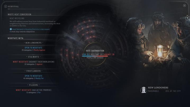 A voting distribution screen appears in Frostpunk 2.