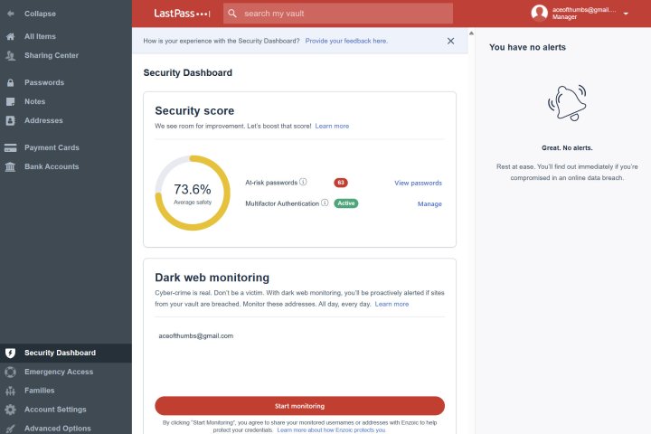 The LastPass security dashboard provides alerts for weak passwords and potential dark web leaks.