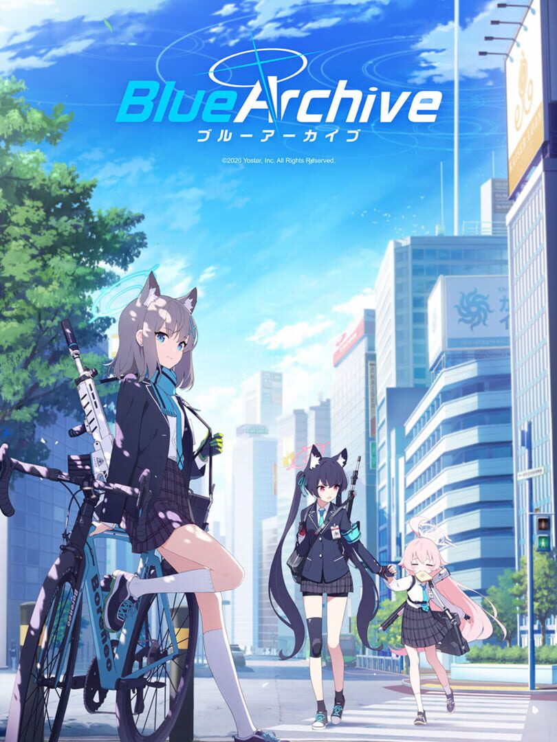 alt text: Blue Archive game promotional art featuring a group of schoolgirls in uniform.