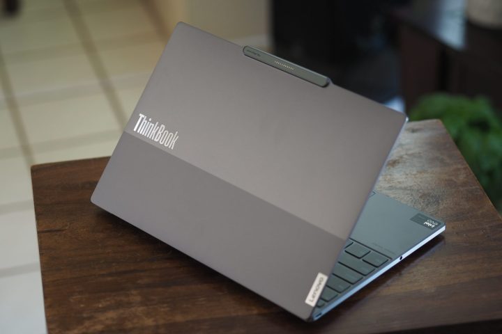 alt=The closed lid of the Lenovo ThinkBook 13x Gen 4, highlighting the two-tone design and subtle branding.