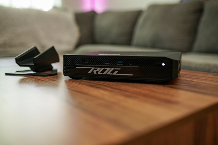 The Asus ROG NUC 970 sitting sideways on a table.