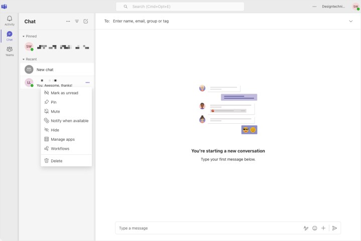 alt text: The Chat section within Microsoft Teams, showing a list of private conversations.