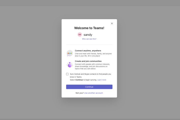 alt text: The welcome screen in Microsoft Teams after signing in.