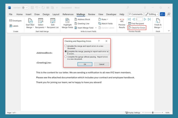 Check For Errors window for a Word mail merge.