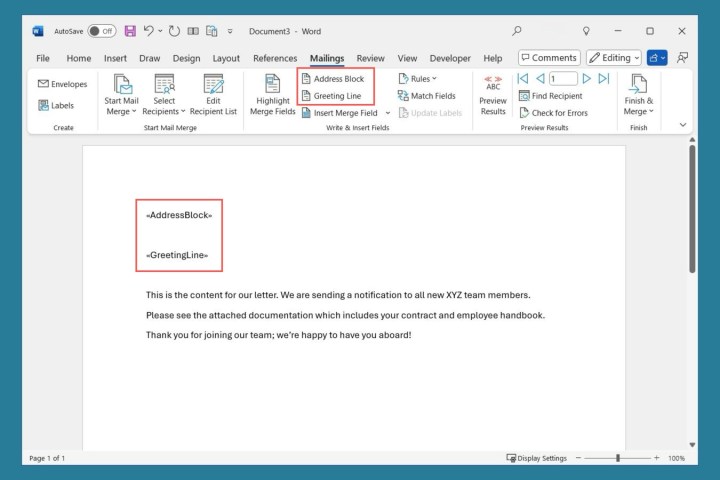 Address and Greeting Line fields for a Word mail merge.