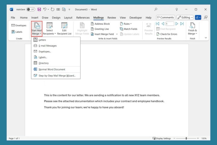 Word Mailings tab Start Merge menu.