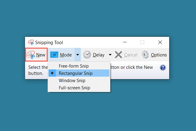 Rectangular Snip and New in the Windows Snipping Tool.