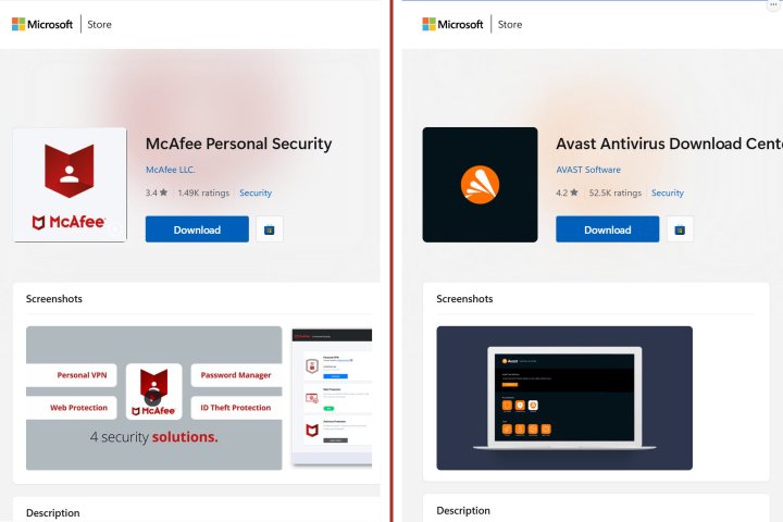 McAfee and Avast antivirus Microsoft Store rating appears in a split-view.