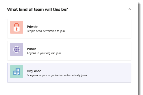 Public and Private options in Microsoft Teams.