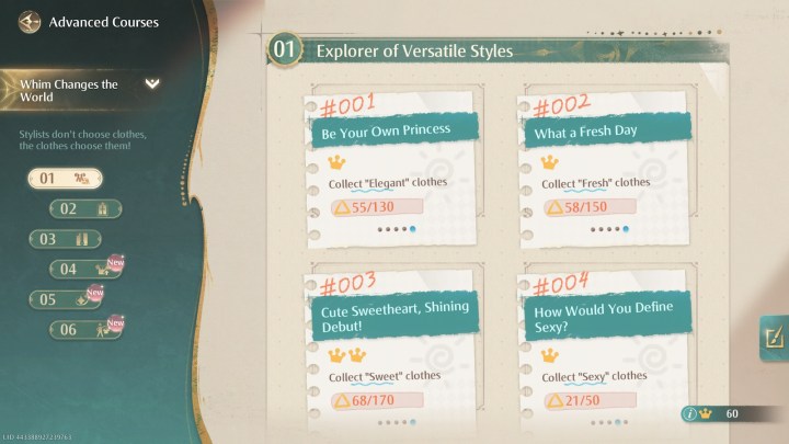 Advanced Courses menu in Infinity Nikki.