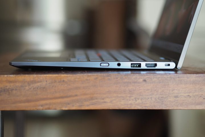 alt text: Side view of the Lenovo ThinkPad X1 2-in-1 highlighting ports and the closed lid.