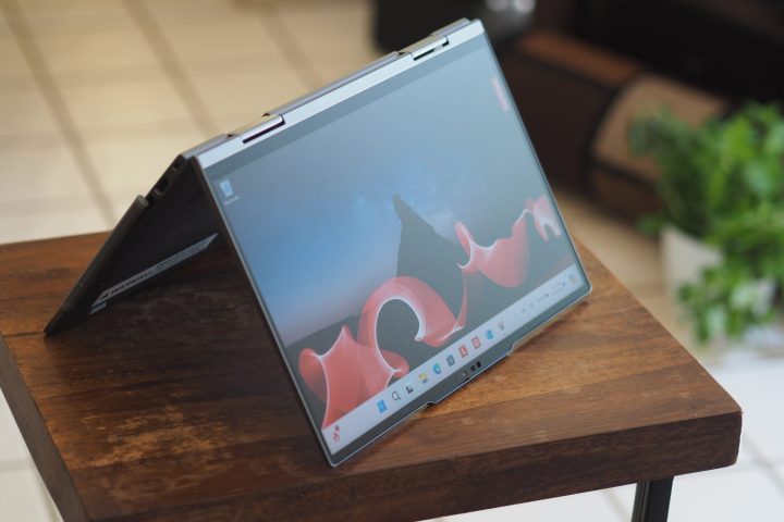 alt text: Lenovo ThinkPad X1 2-in-1 demonstrating its tent mode functionality.