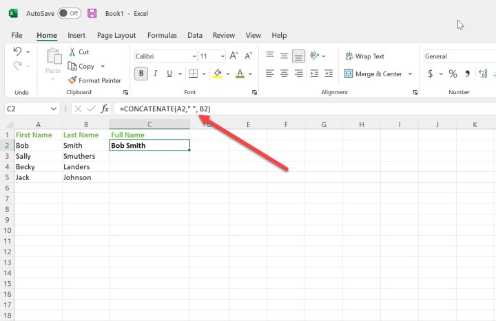 Alt text: Merged cells in Excel using the CONCATENATE function, showing full names combined from first and last name columns.