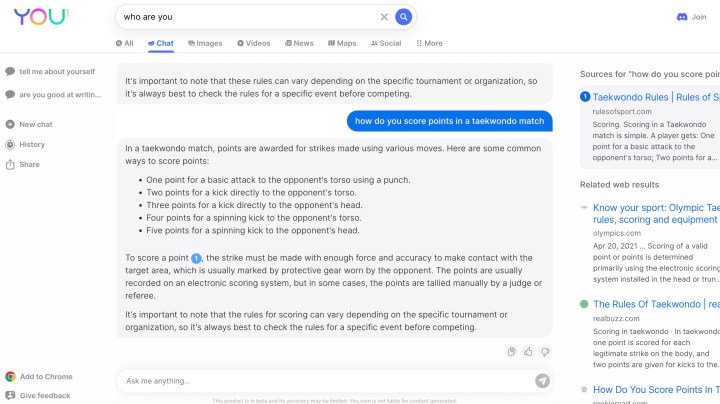 YouChat shown in a window answering a question about Taekwondo.