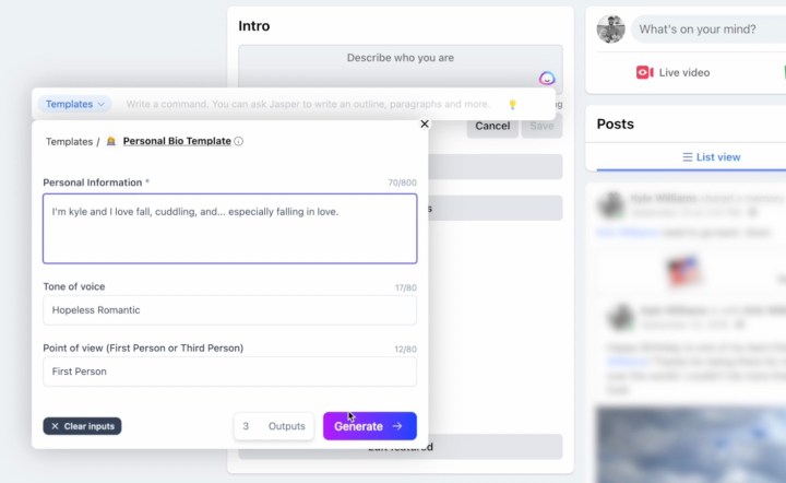 JasperAI helping write a bio for a Facebook profile.