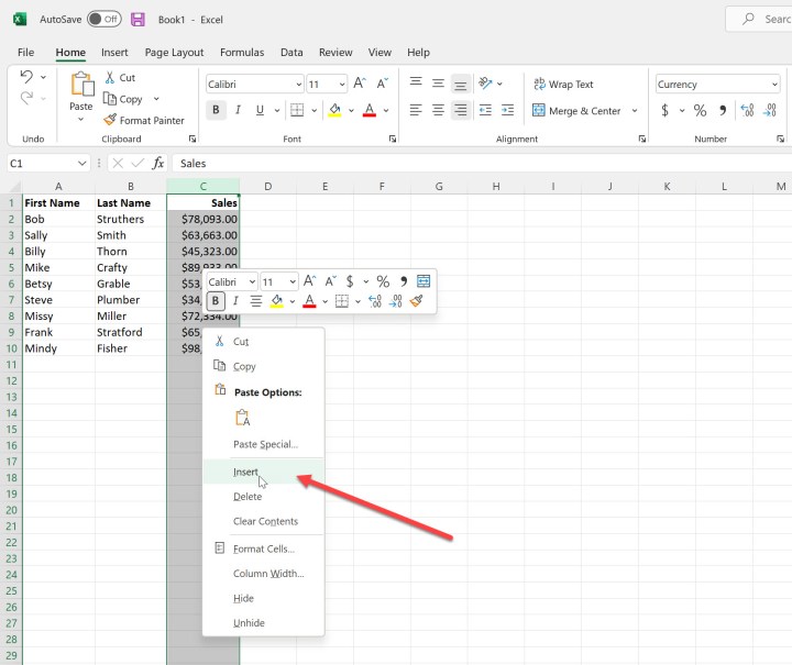 alt text: Choosing insert column from menu in Microsoft Excel.