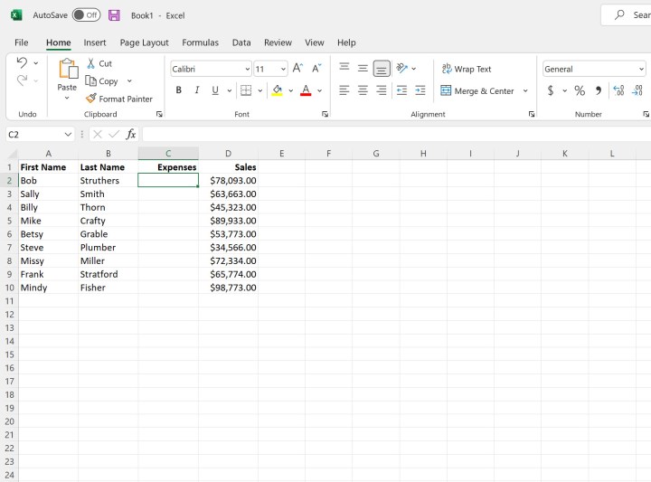 alt text: New column inserted in Microsoft Excel, labeled "Expenses" between "Last Name" and "Sales".