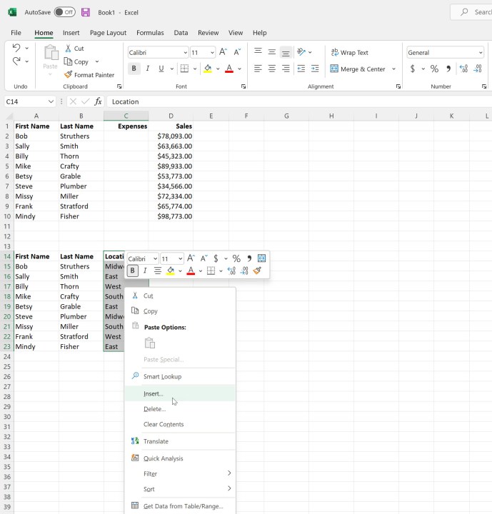 alt text: Right-clicking selected cells in Excel and choosing "Insert" from the context menu.