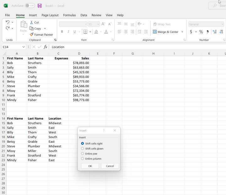 alt text: Inserting partial column options in Microsoft Excel.