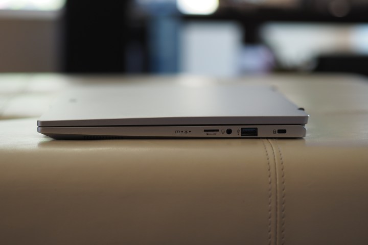 alt text: Close-up of the right side of the Acer Swift Go 14, showcasing its ports, including HDMI and the audio jack.