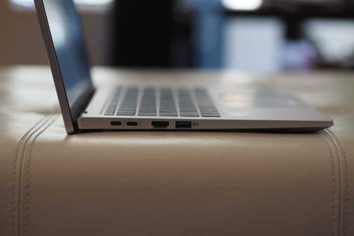 alt text: Close-up of the left side of the Acer Swift Go 14, showcasing its various ports, including USB-C and USB-A.