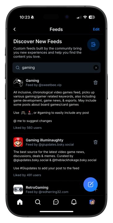 Searching for "gaming" related feeds on Bluesky.