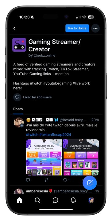 Pinning a gaming feed to the Bluesky homepage.