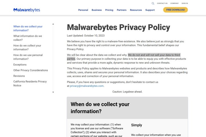 alt=Malwarebytes commitment to user privacy.