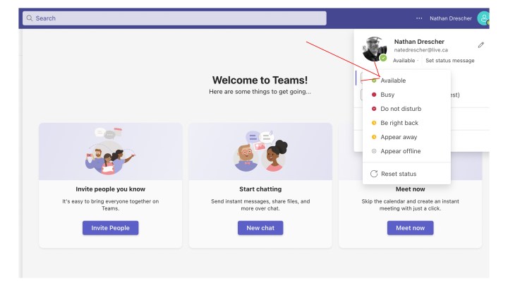 MS Teams with a red arrow pointing to the Available status