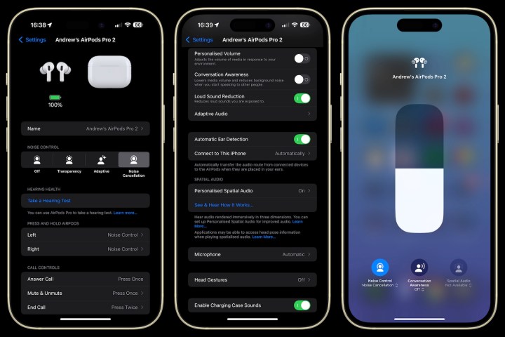 Screenshots taken from the AirPods Pro 2 connected to an iPhone 16 Pro Max.