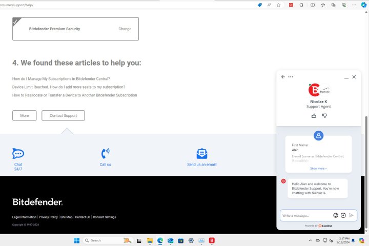 A Bitdefender live agent arrived quickly in chat to assist with my question.