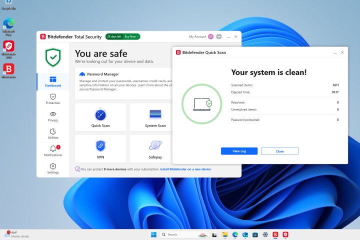 The Bitdefender dashboard shows if you