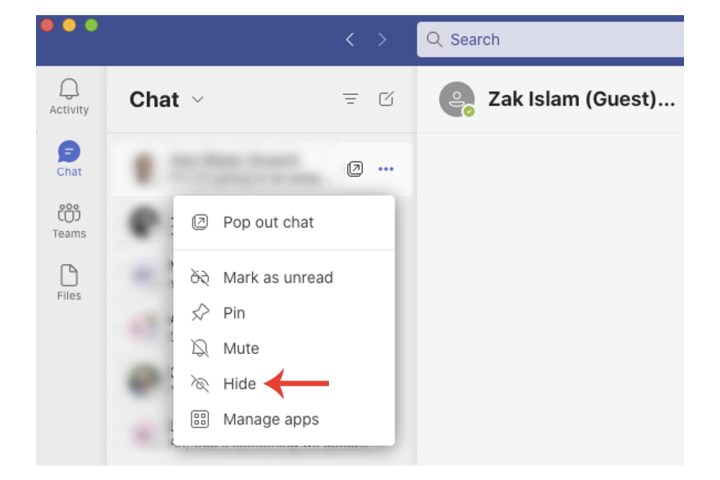 Hiding a conversation in Microsoft Teams.