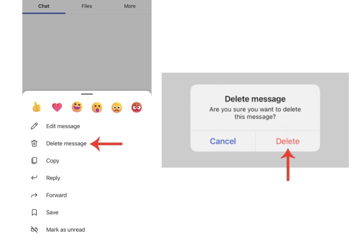 Deleting a message in Microsoft Teams on iPhone.