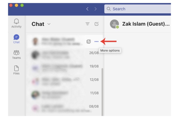 Accessing conversation options in Microsoft Teams.