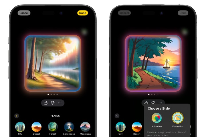 Two iPhones showing a forest scene by a lake in Image Playground comparing the Animation and Illustration styles.