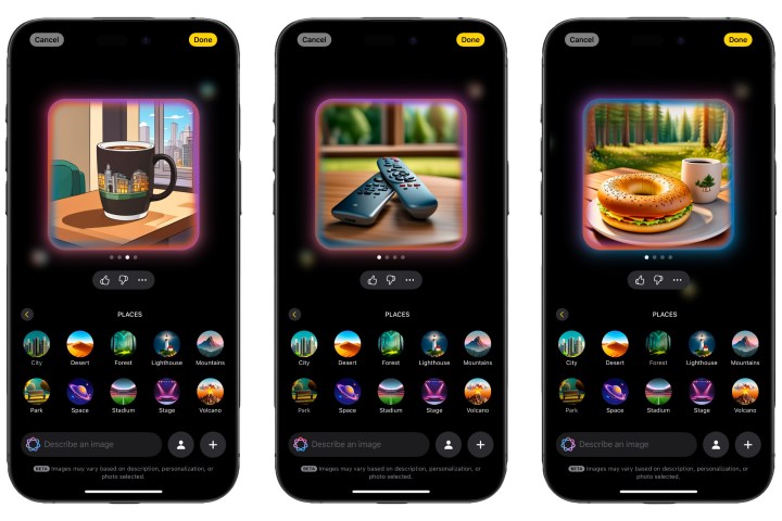 Three iPhones showing Image Playground being used to create AI-generated renders of a coffee mug, remote control, and bagel from photos.