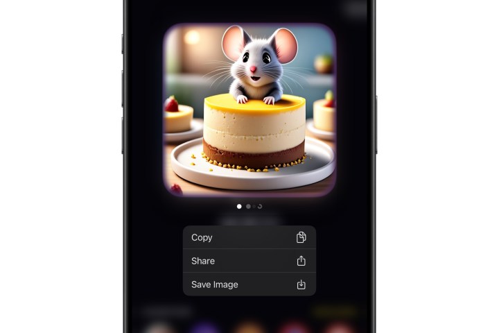 Image Playground showing an AI-generated image of a mouse on a cheesecake with the sharing options menu open.