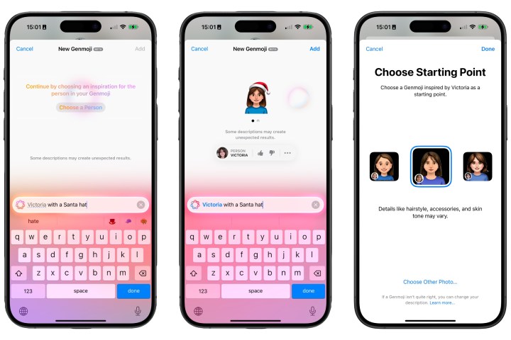 Three iPhones showing the process of creating a genmoji based on a photo of a young girl.