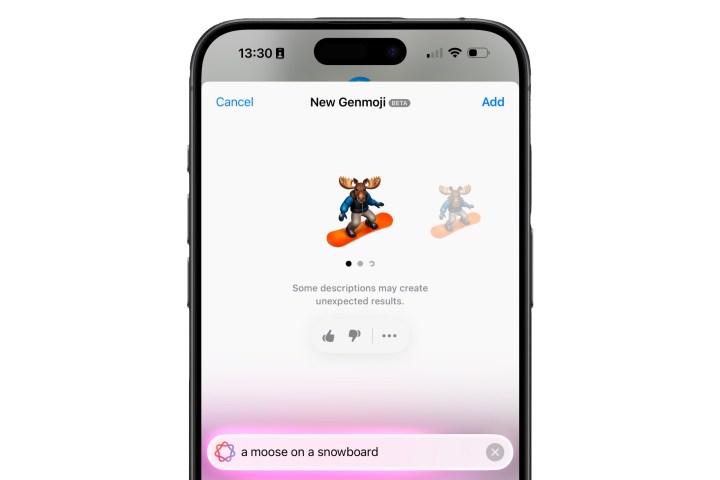 An iPhone showing a new Genmoji of a moose on a snowboard being created.