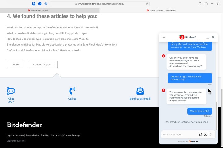 alt: Bitdefender's live chat support interface.