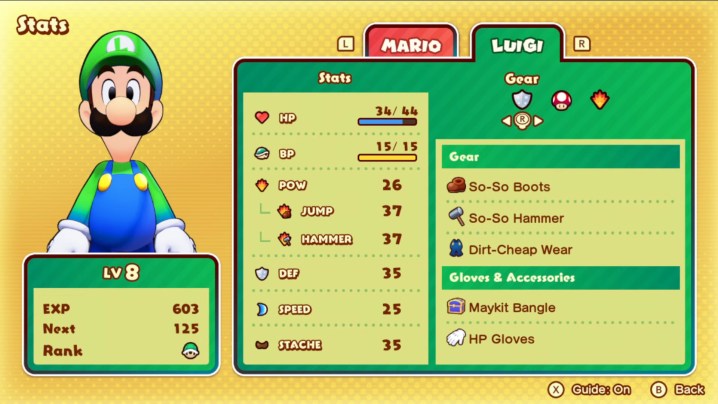 The luigi stat screen in Mario & Luigi: Bowser's Inside Story.