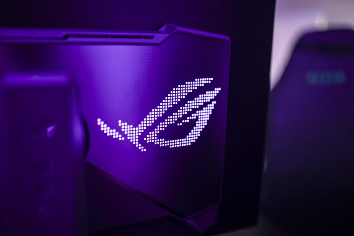 Illuminated ROG logo on the Asus XG27AQDMG.