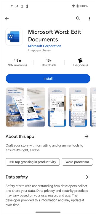 Google Play Microsoft Word app Install button.