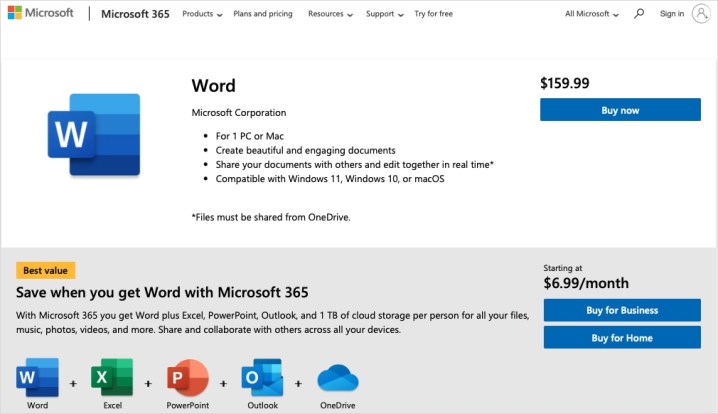 Microsoft Word purchase page.