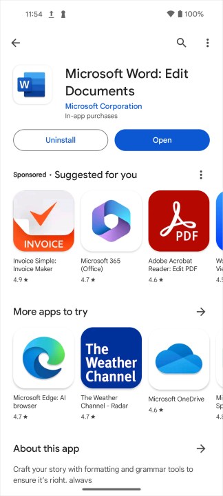 Google Play Microsoft Word app Open button.