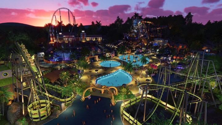 Sunset overview of a park in Planet Coaster 2.