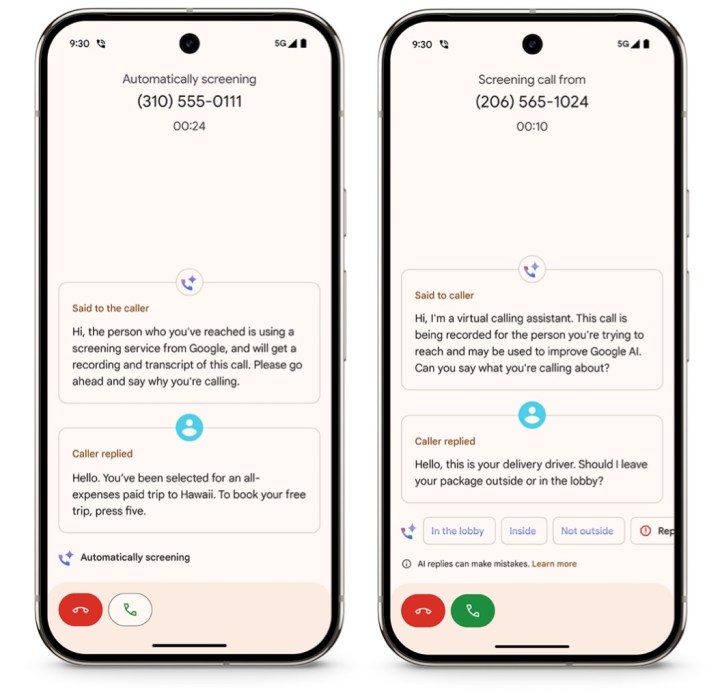 Pixel 9 call screening features.