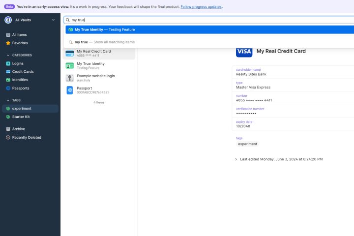 alt="1Password's vault interface allows for easy organization and searching of passwords and other sensitive data."