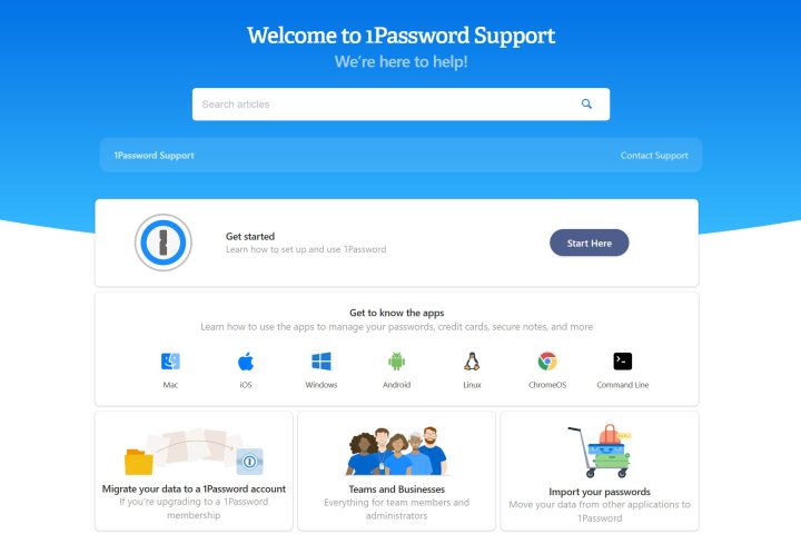 alt="1Password offers support resources through its website and email communication."